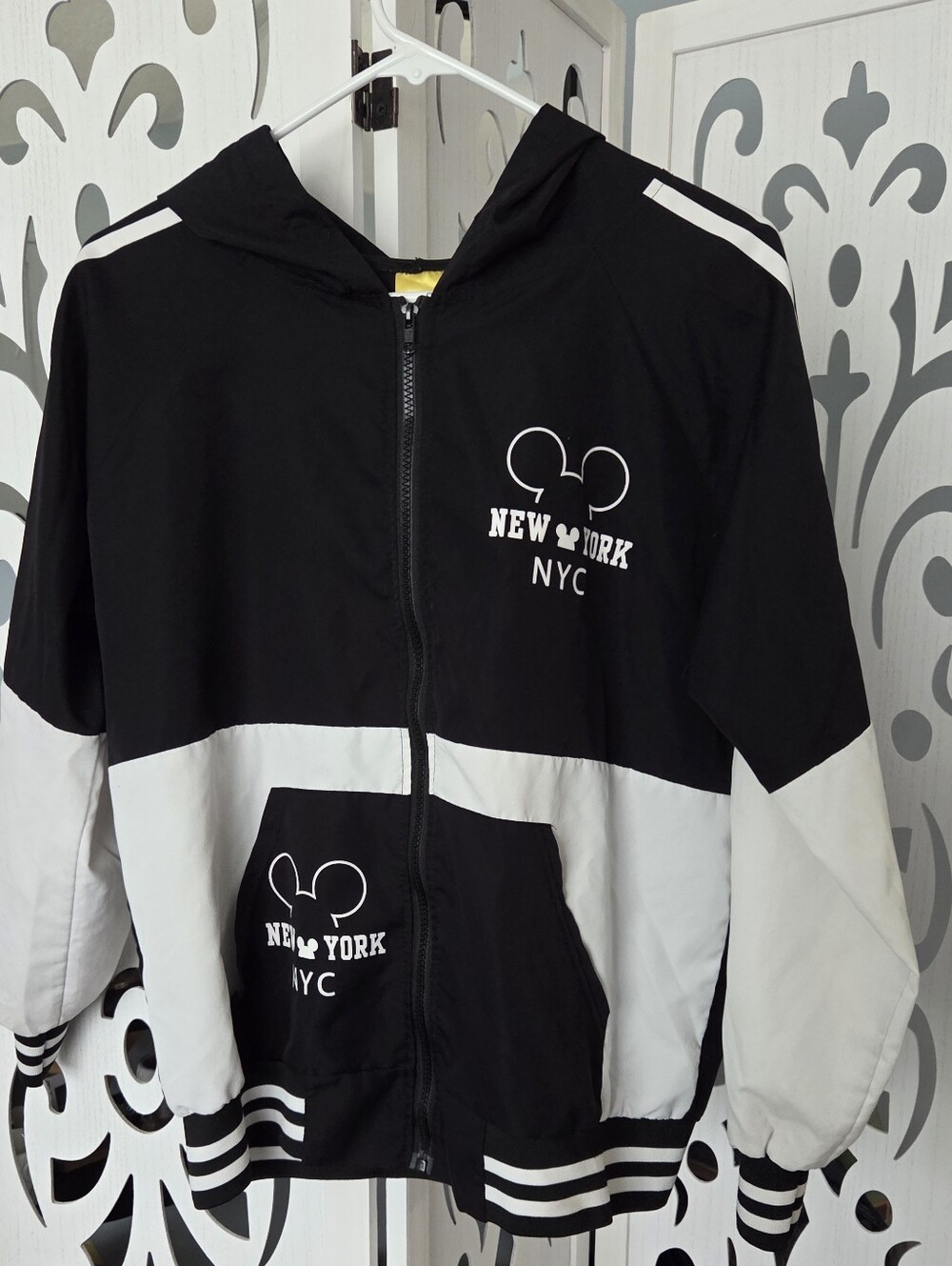 Saifon Disney NYC Mickey Mouse Graphic Hooded Track Jacket Black White S
